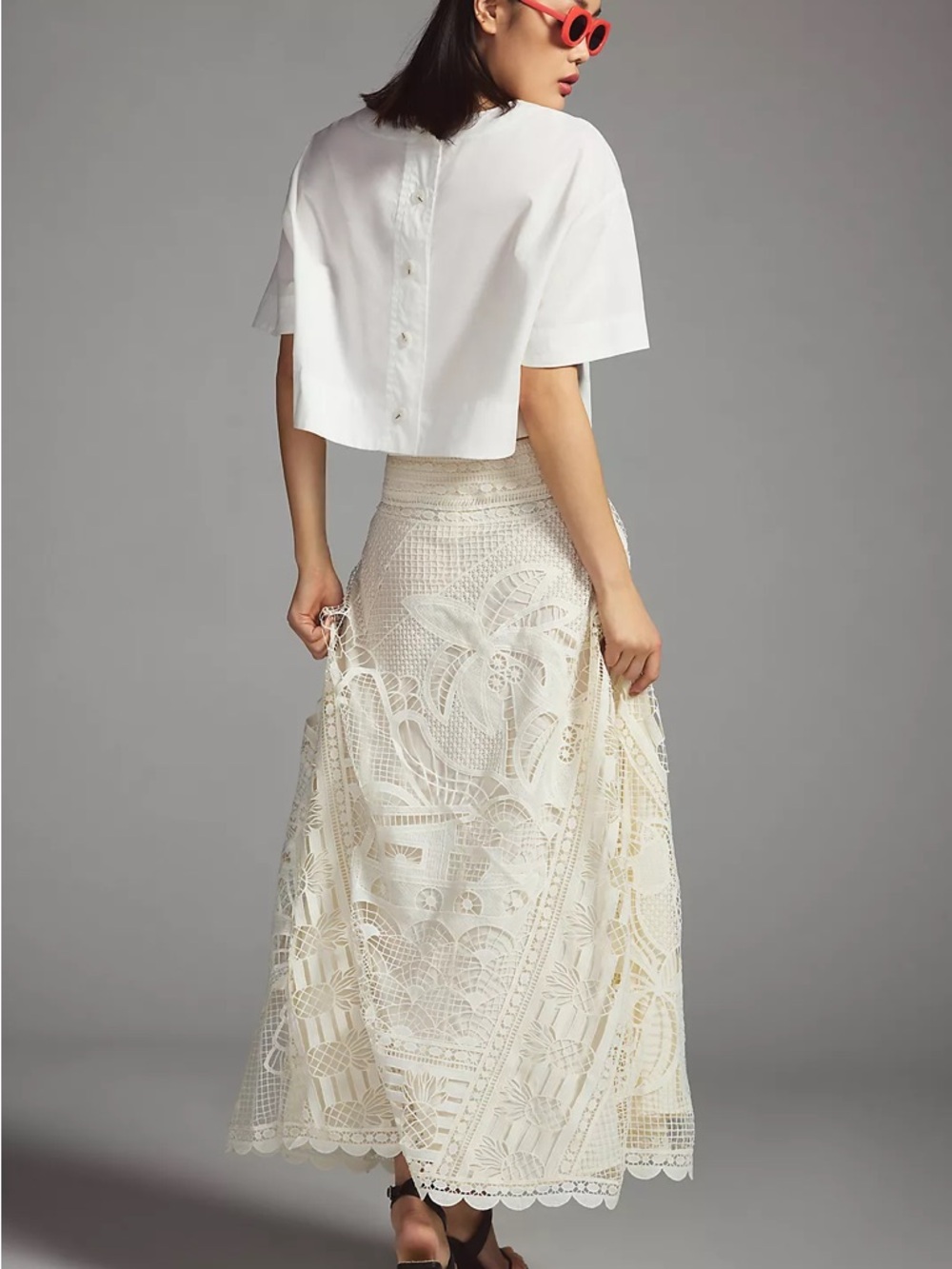 EUC FARM RIO ANTHROPOLOGIE Guipure White Maxi Skirt S Embroidered Cream Brazil - Picture 12 of 13